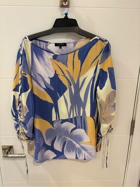 Lafayette 148 New York Blue, Mustard and Cream Botanical Ruched-Sleeve Blouse